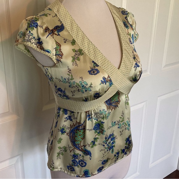 Nanette Lepore 100% Silk Blouse and Cardigan Set Light Green Peacocks 4 S Rare - Picture 6 of 12